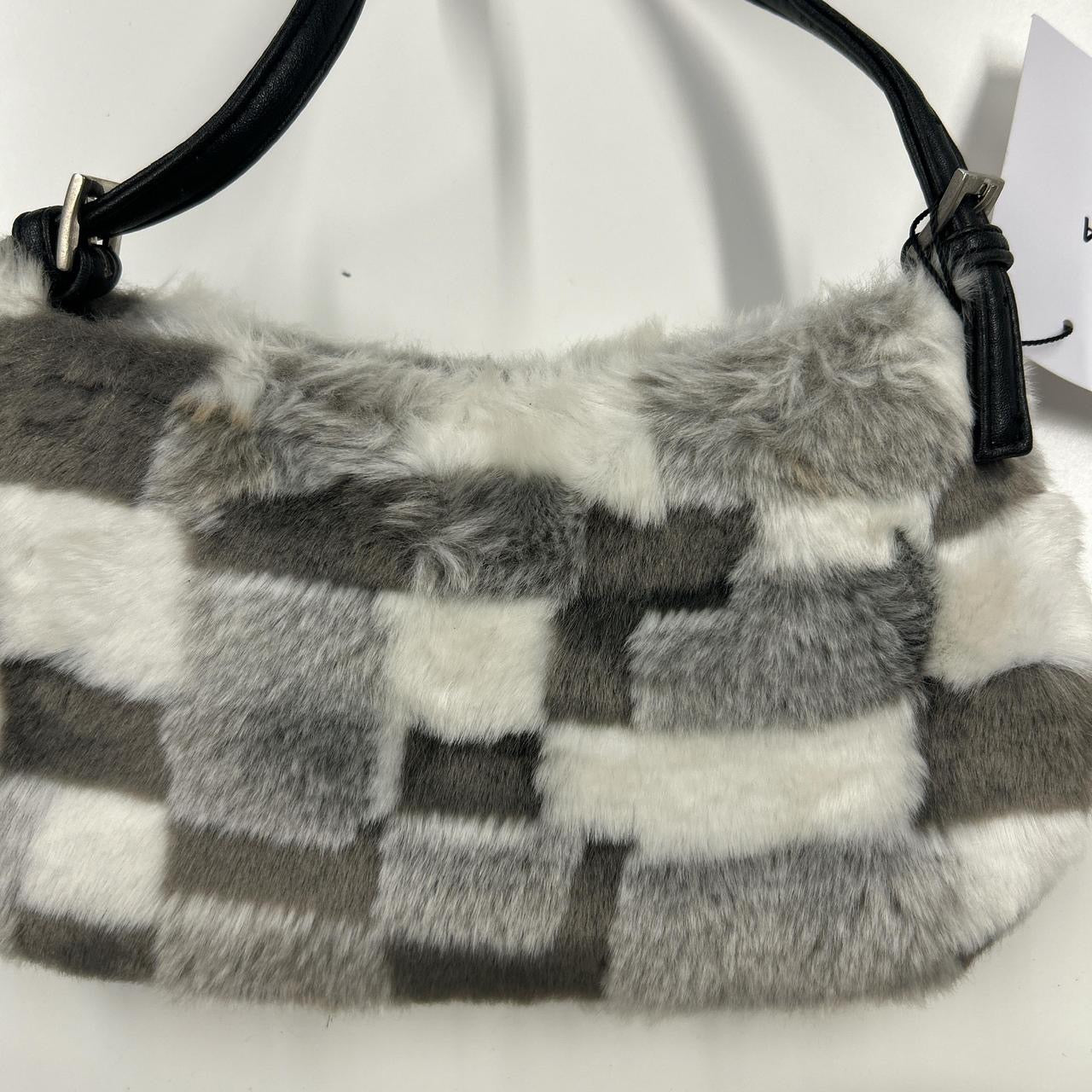 grey and white fluffy shoulder bag