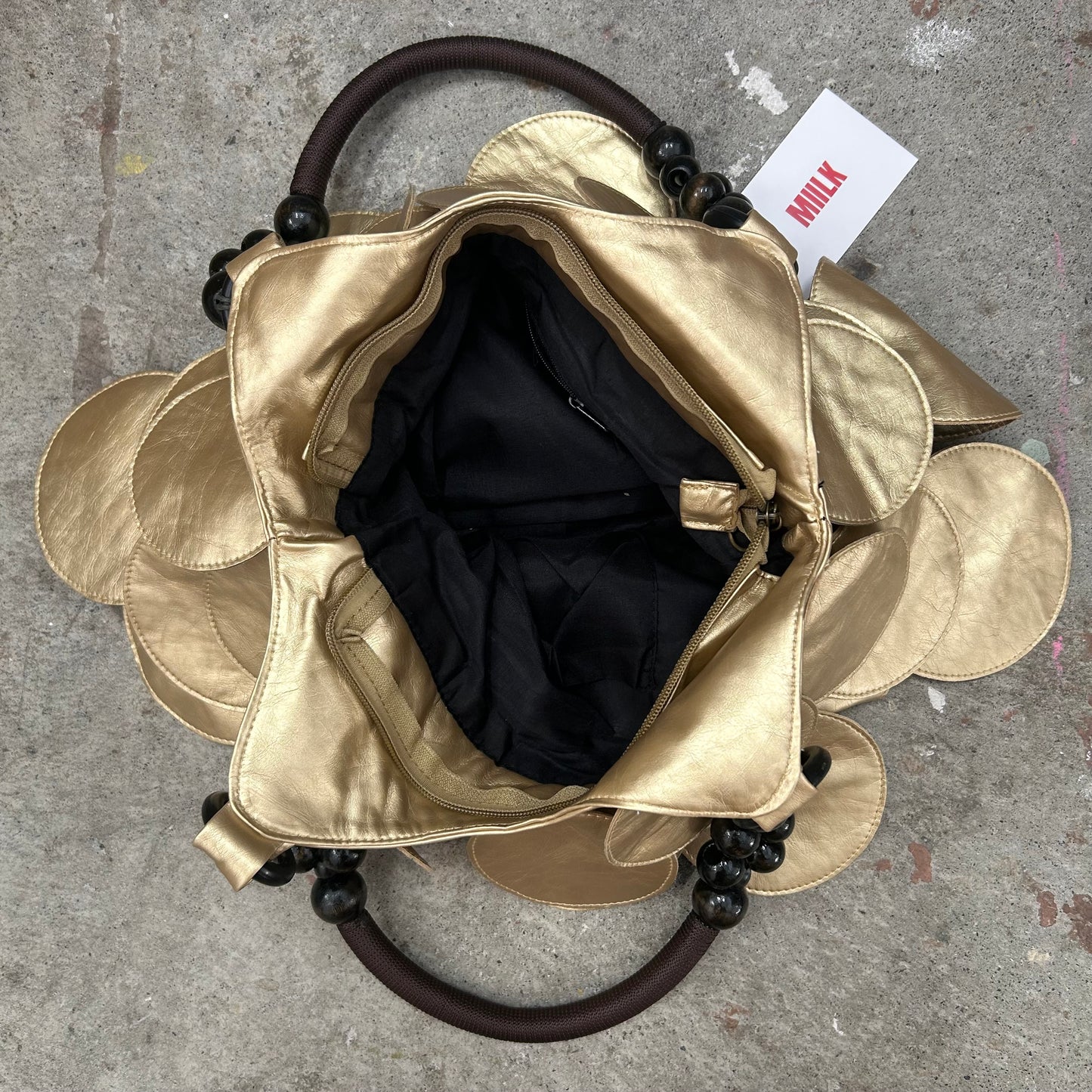 gold faux leather disc beaded shoulder bag