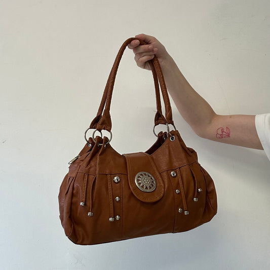 brown faux leather studded buckle shoulder bag
