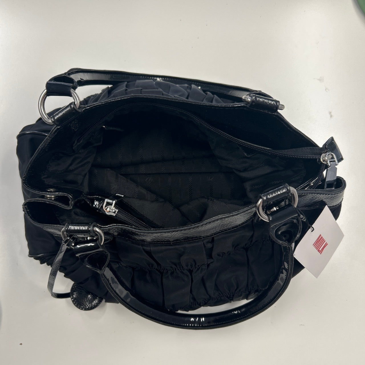 black ruched canvas and faux leather shoulder bag