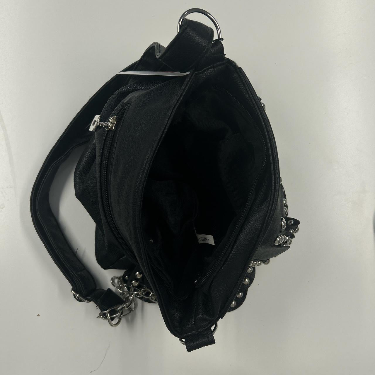 black faux leather studded layered shoulder bag