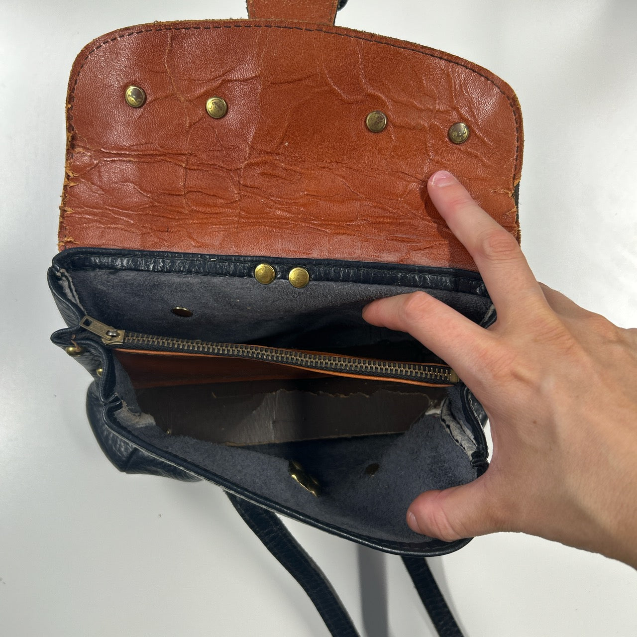 navy studded leather ultra mini hand bag
