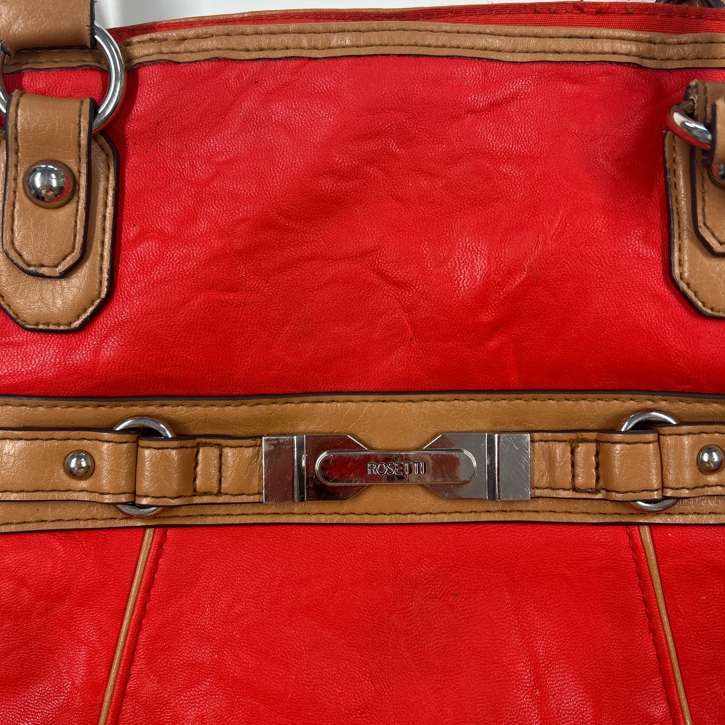 red and tanned faux leather shoulder bag
