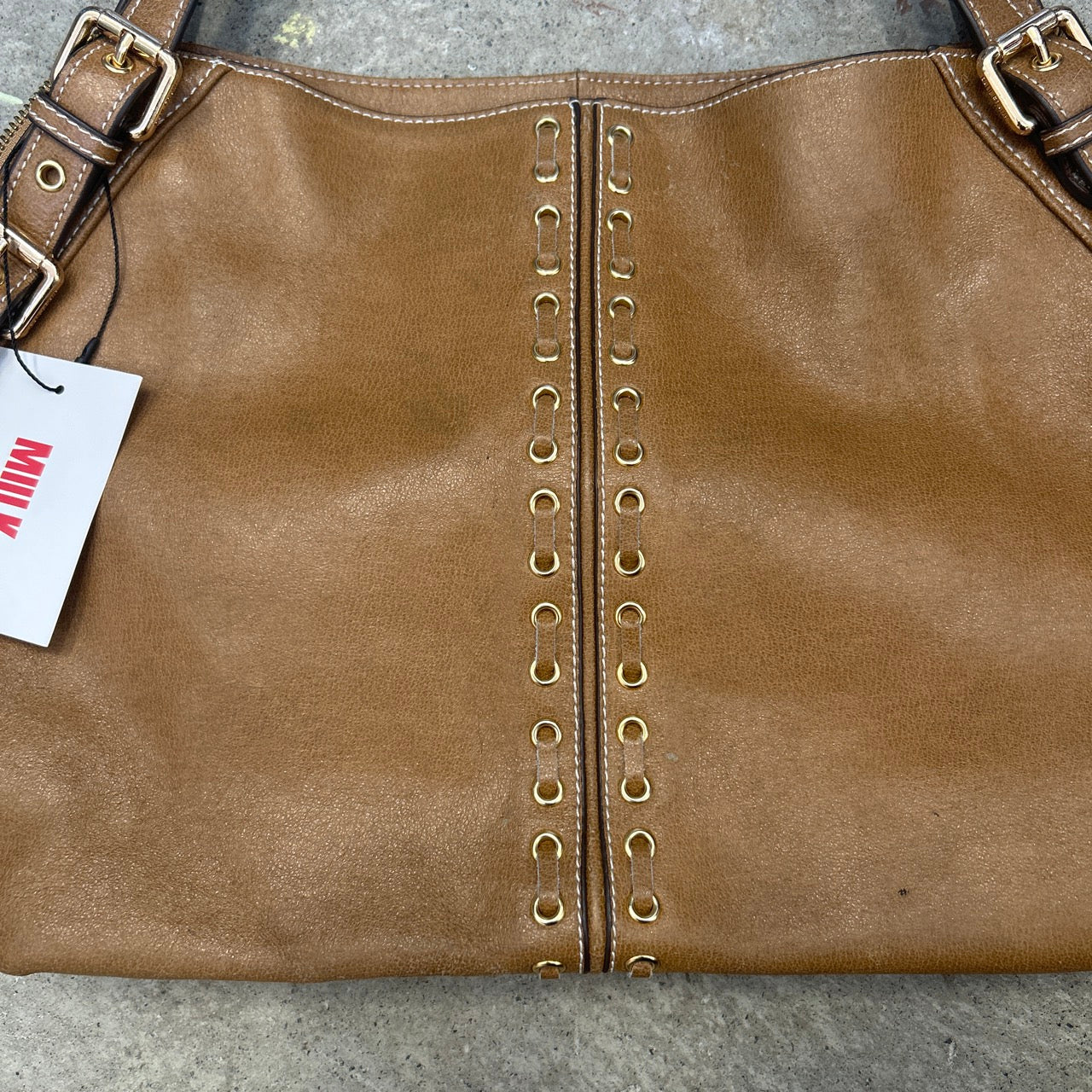 brown eyelet faux leather shoulder bag