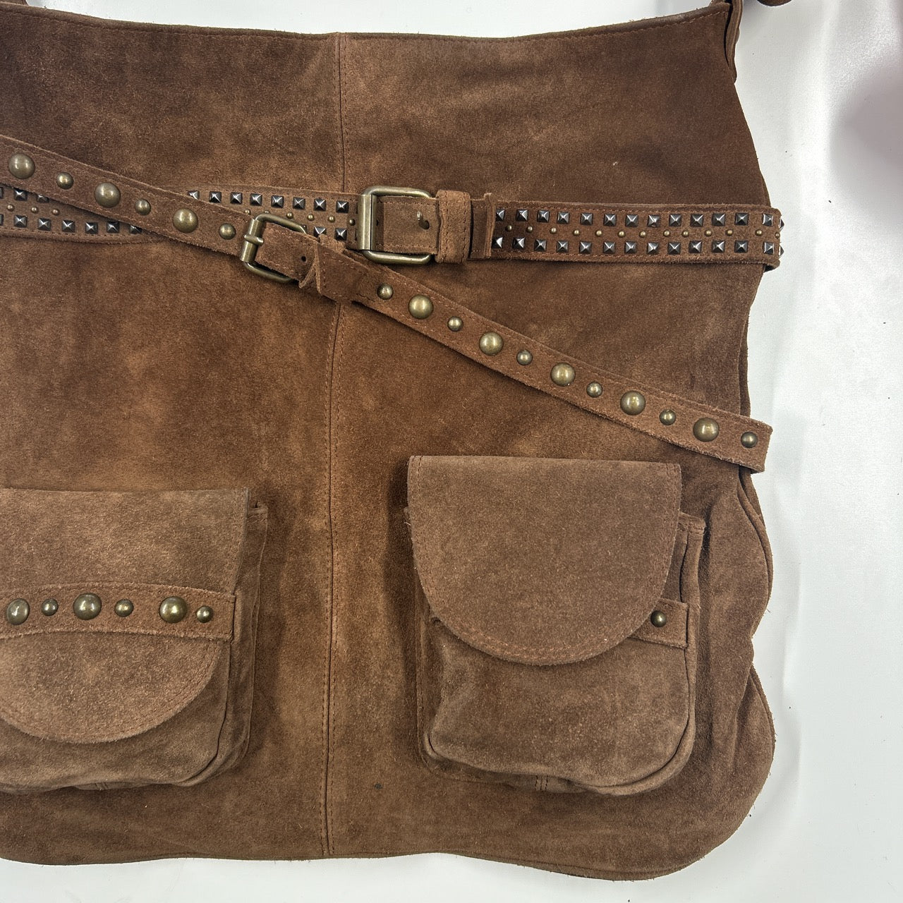 brown suede studded belt shoulder bag