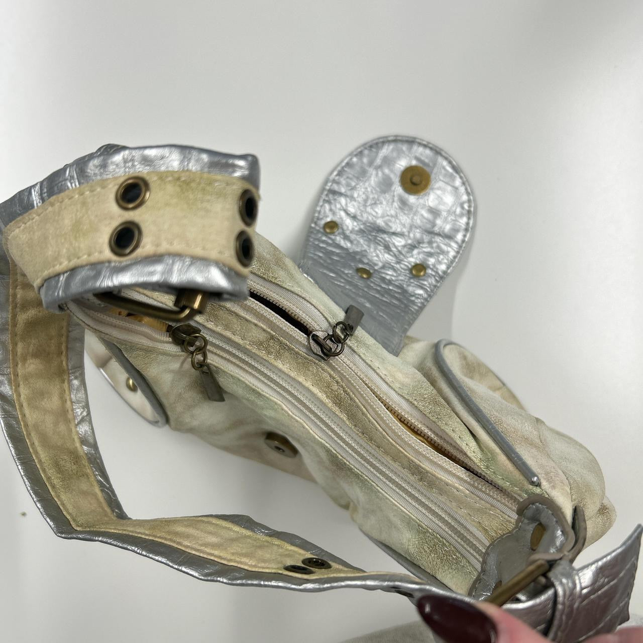 silver and gold studded crown faux leather shoulder bag