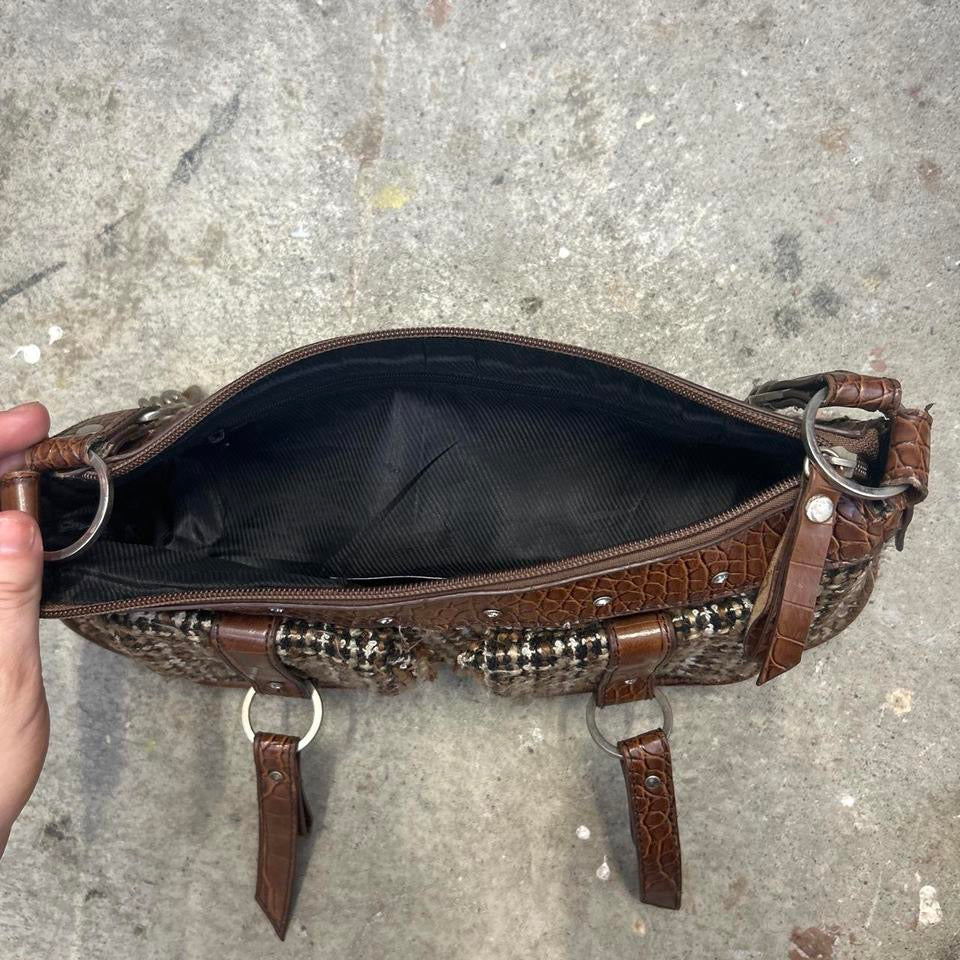 brown plaid double pocket shoulder bag