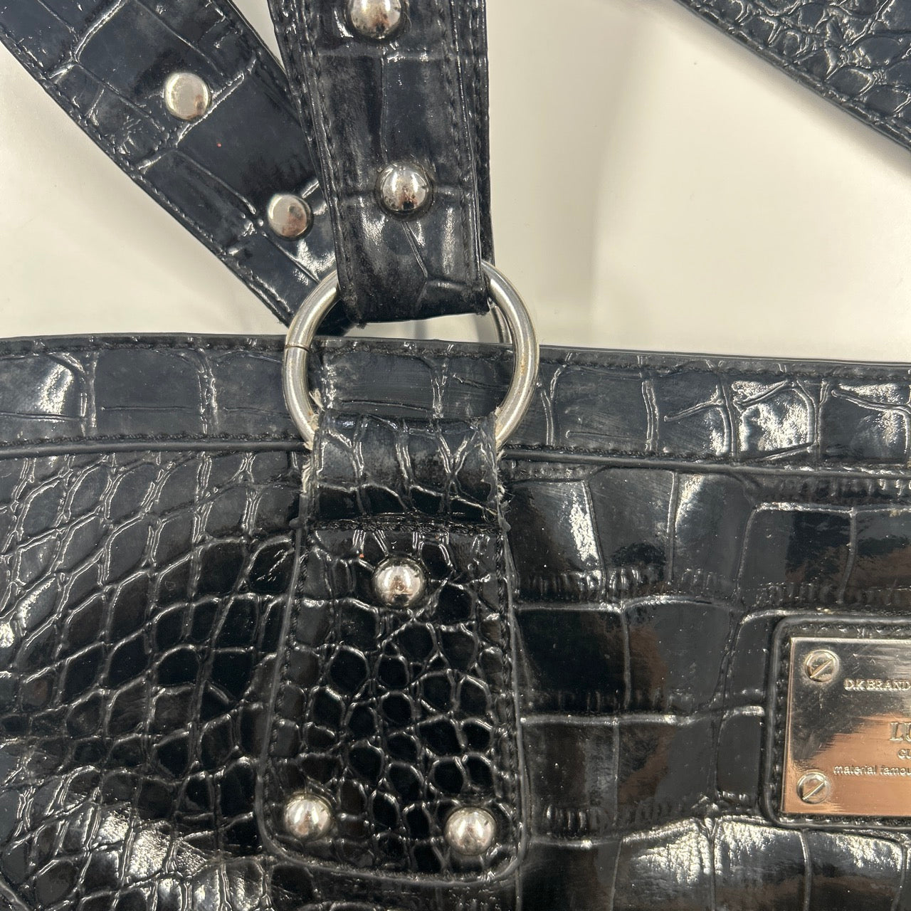 black double zip croc effect faux leather shoulder bag