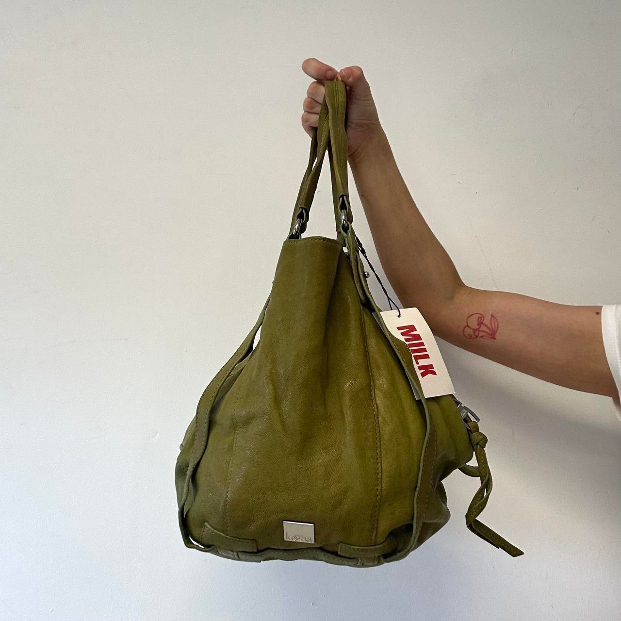 green genuine leather double zip shoulder bag