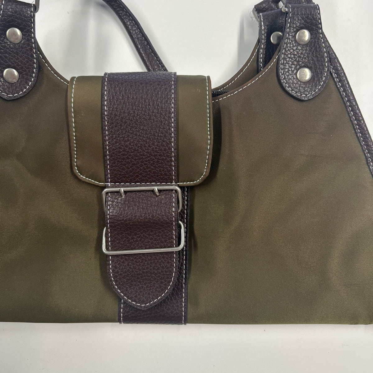 khaki canvas and brown faux leather buckle shoulder bag