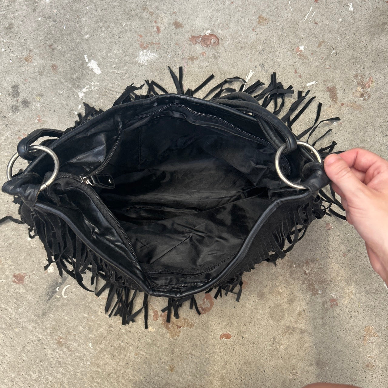 black faux leather fringe tassle shoulder bag