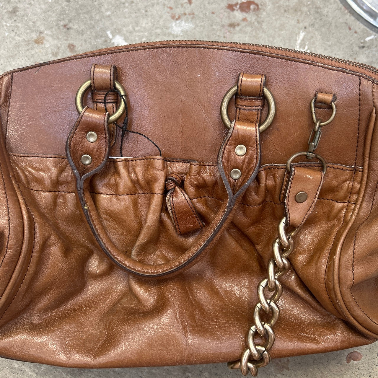 brown faux leather chain detailing hand bag