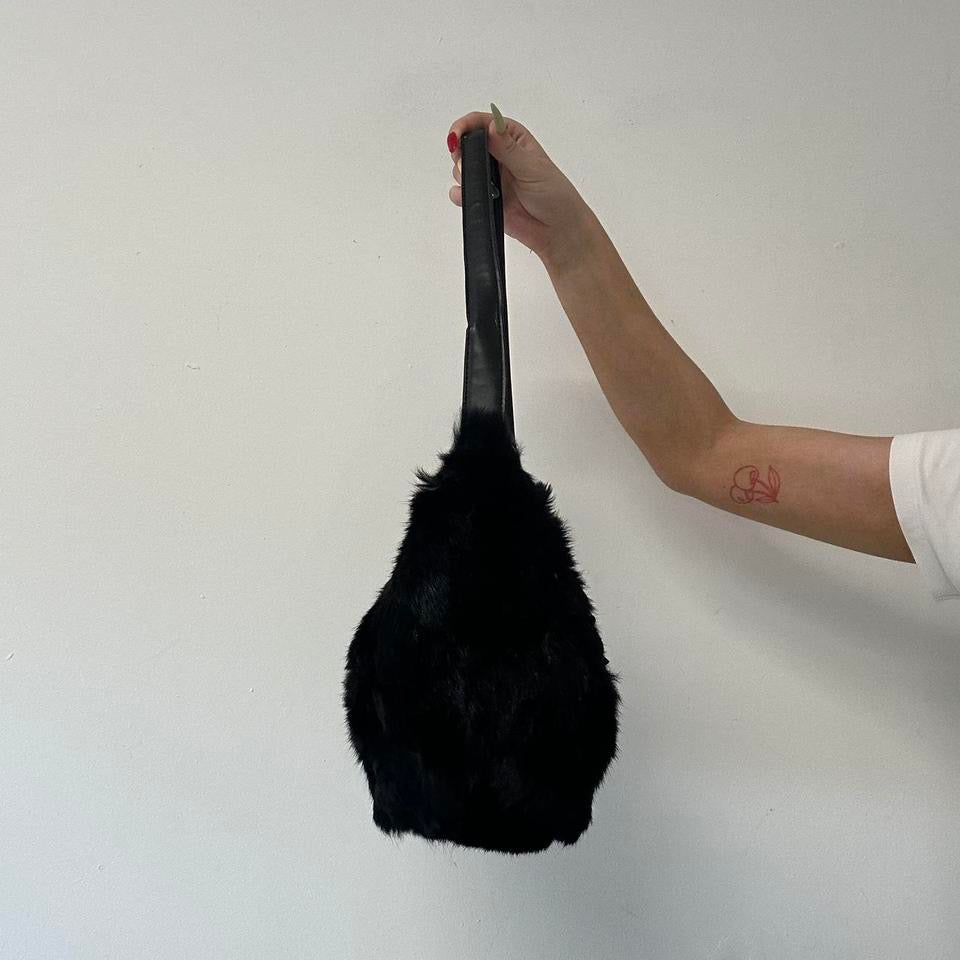 black faux fur studded floral shoulder bag
