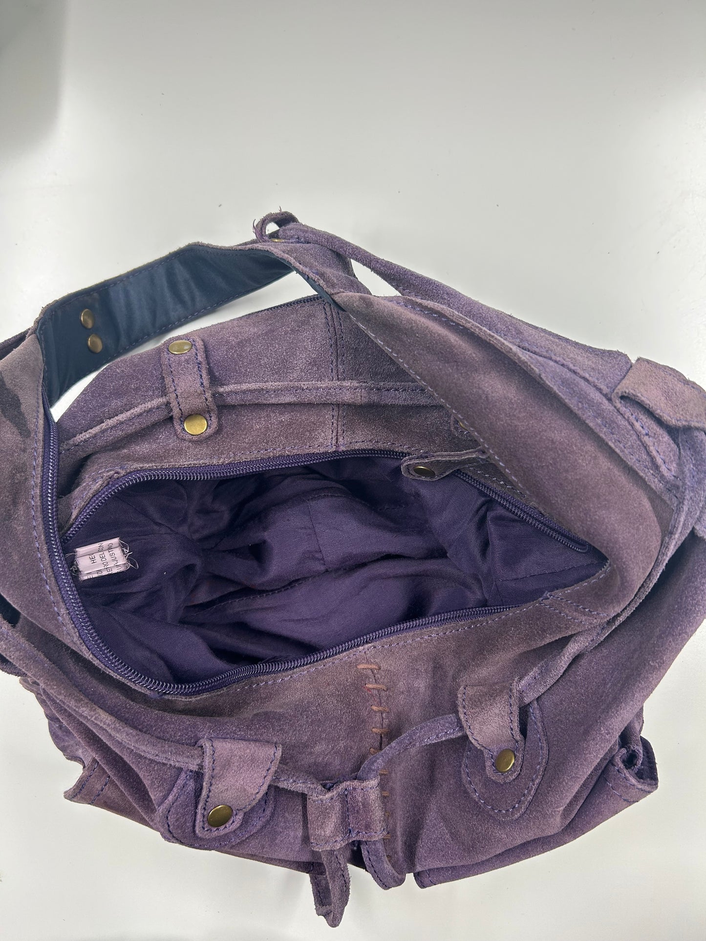 purple suede stitch shoulder bag
