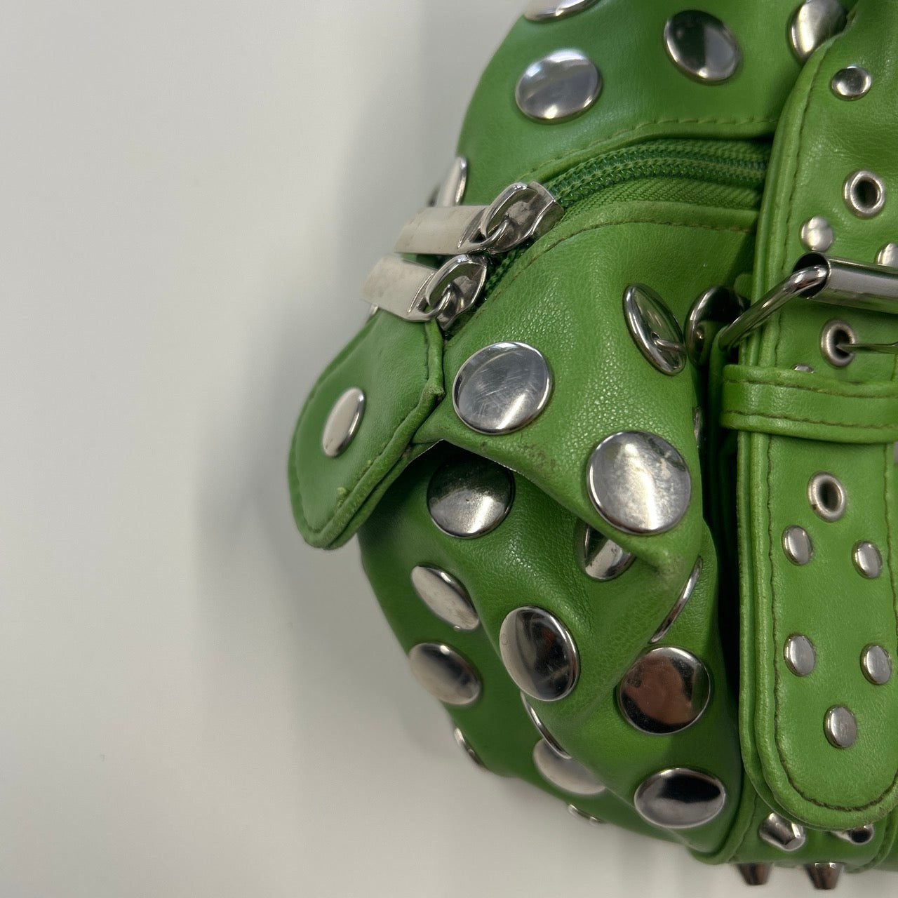 green studded double buckle mini hand bag