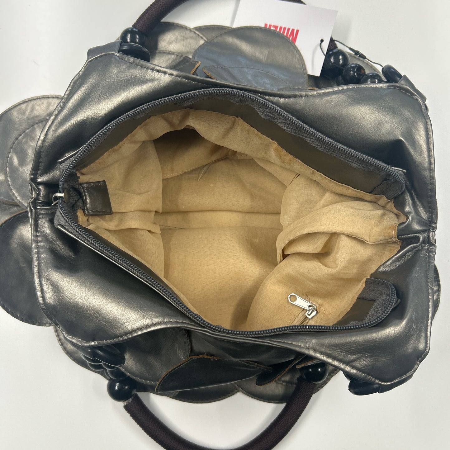 grey metallic faux leather disc beaded shoulder bag