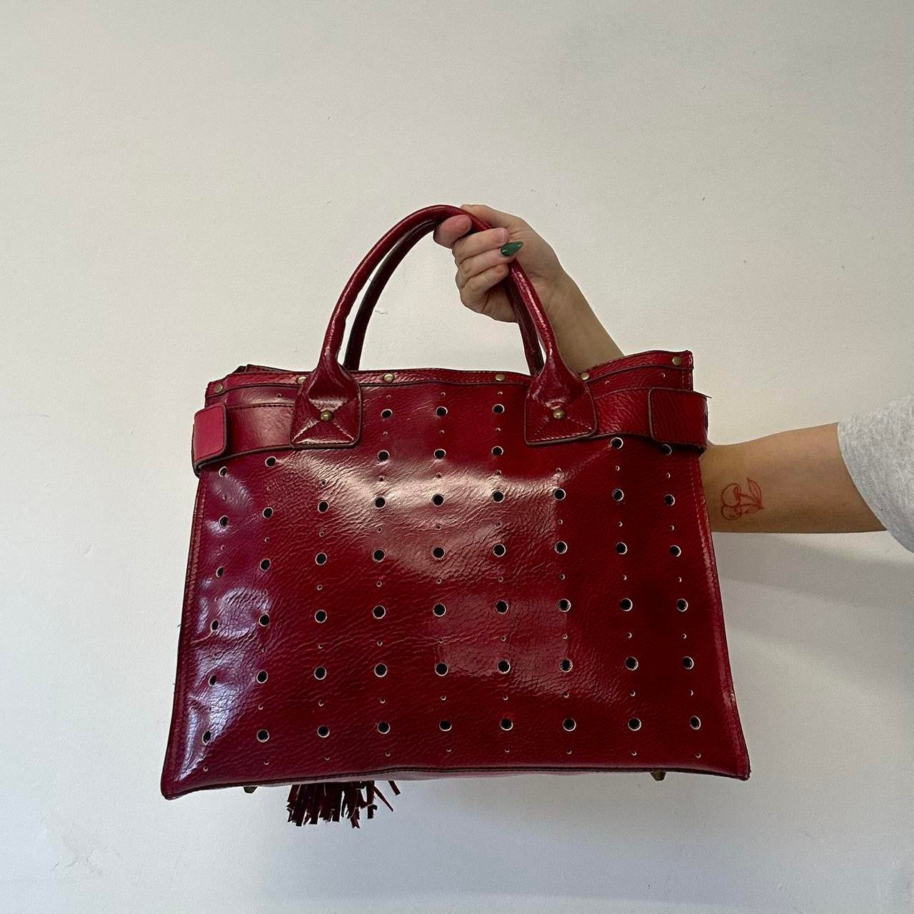 red faux leather studded buckle shoulder bag