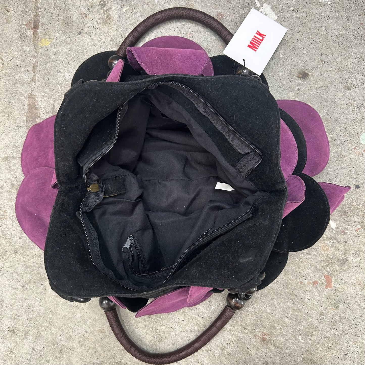 purple and black suede feel disc beaded shoulder bag