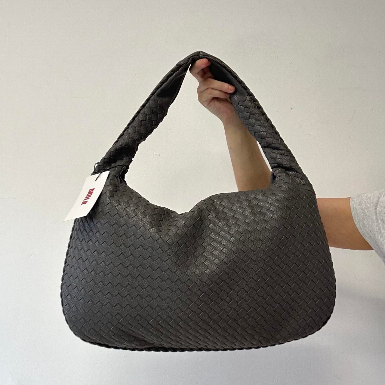 grey faux leather woven shoulder bag