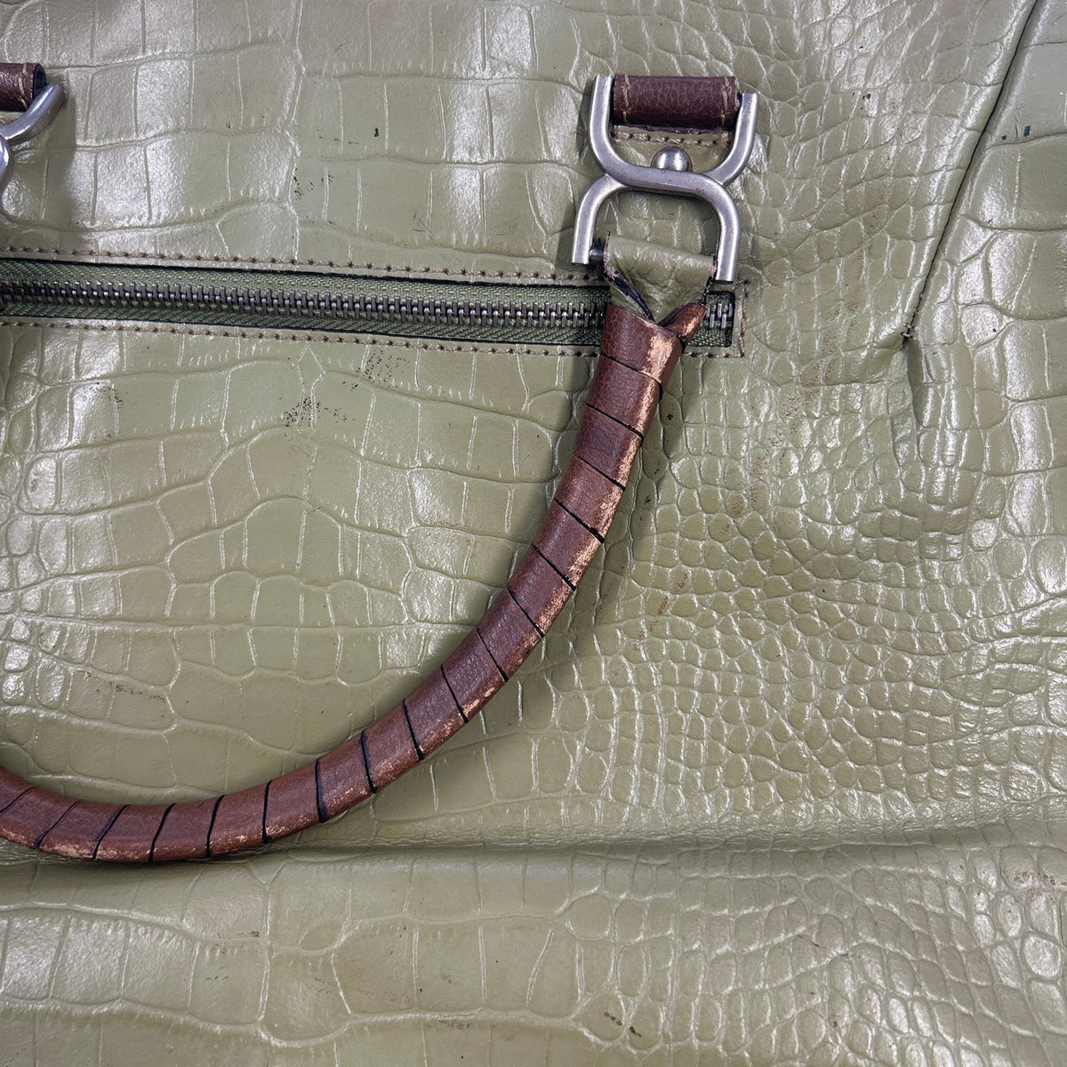 green croc effect genuine leather shoulder bag