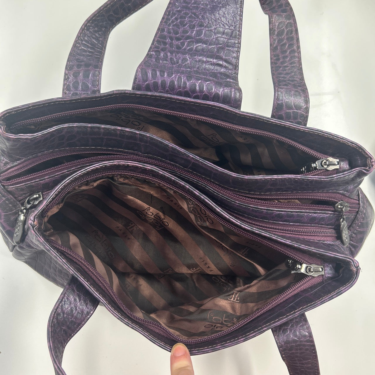 purple croc effect faux leather shoulder bag