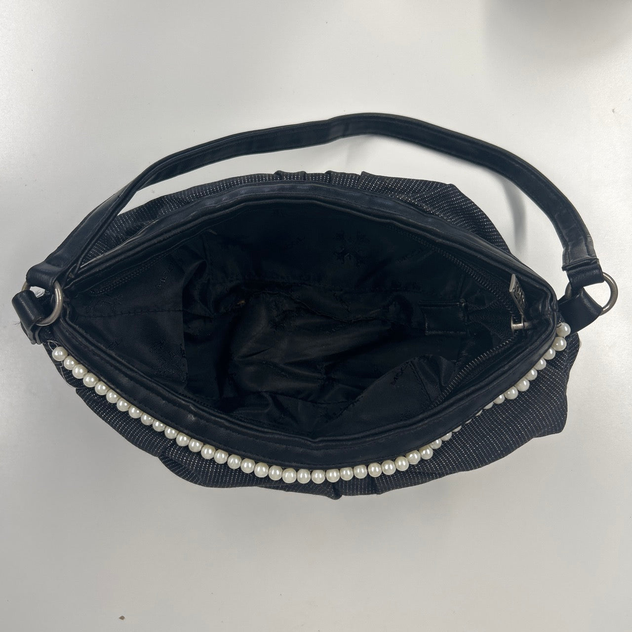 black pearl beads faux leather shoulder bag