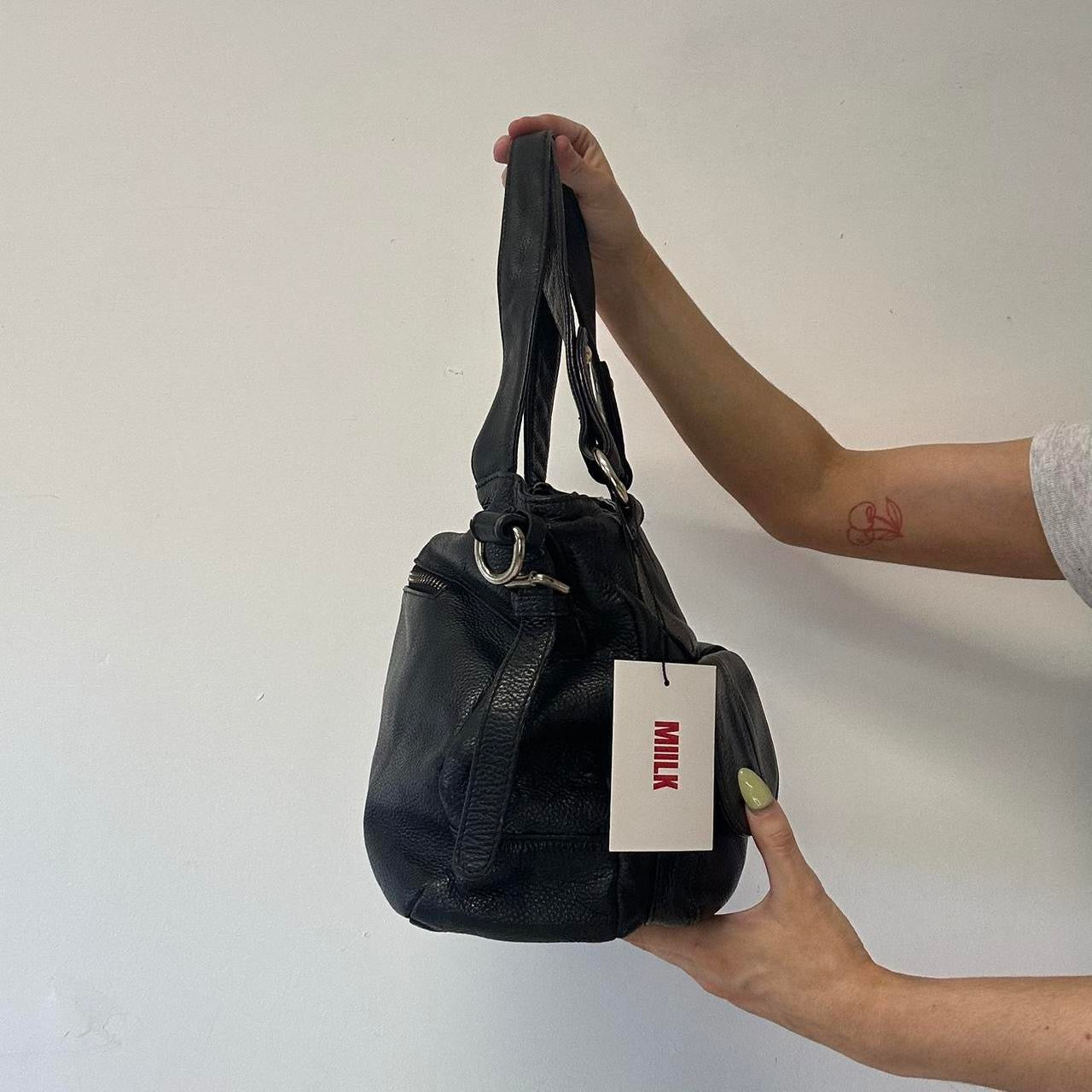 black genuine leather double pocket shoulder bag