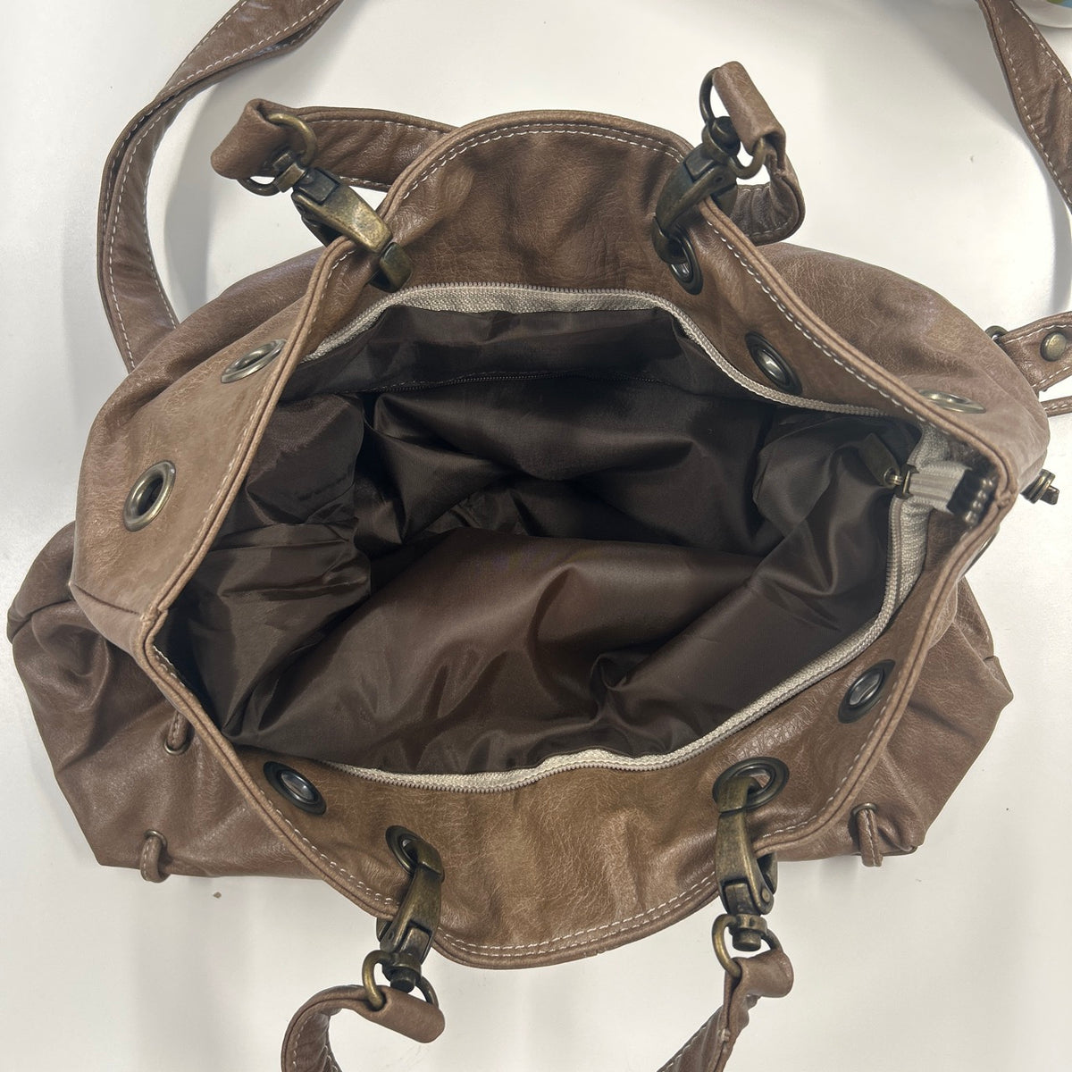 brown eyelet ruched sides faux leather shoulder bag