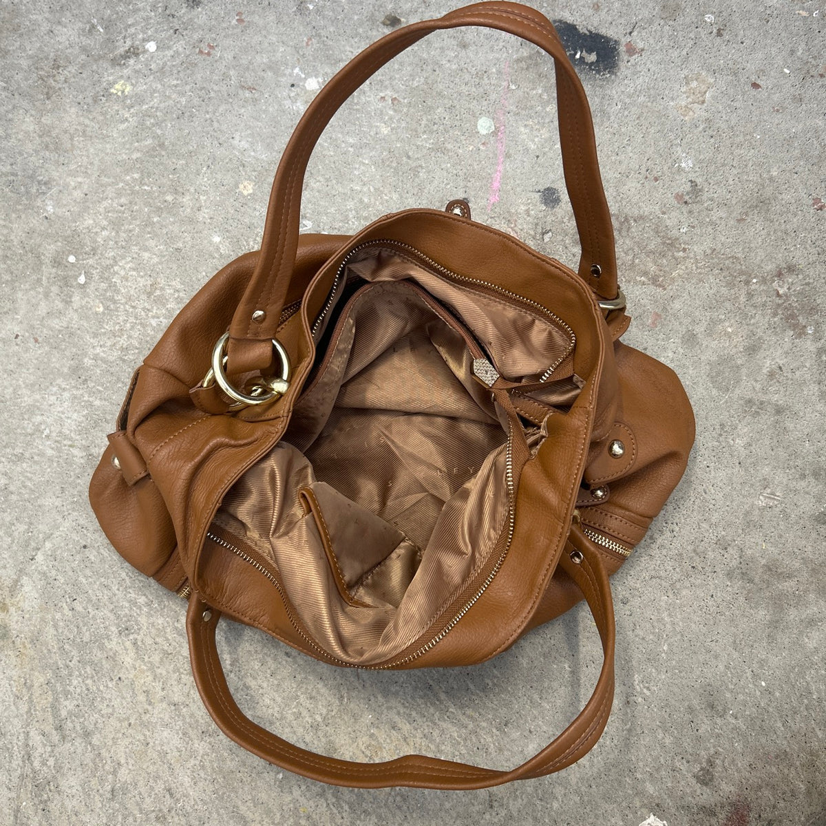 brown genuine leather double zip shoulder bag