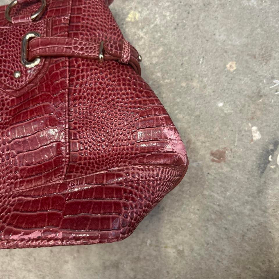 red pink faux leather croc effect shoulder bag