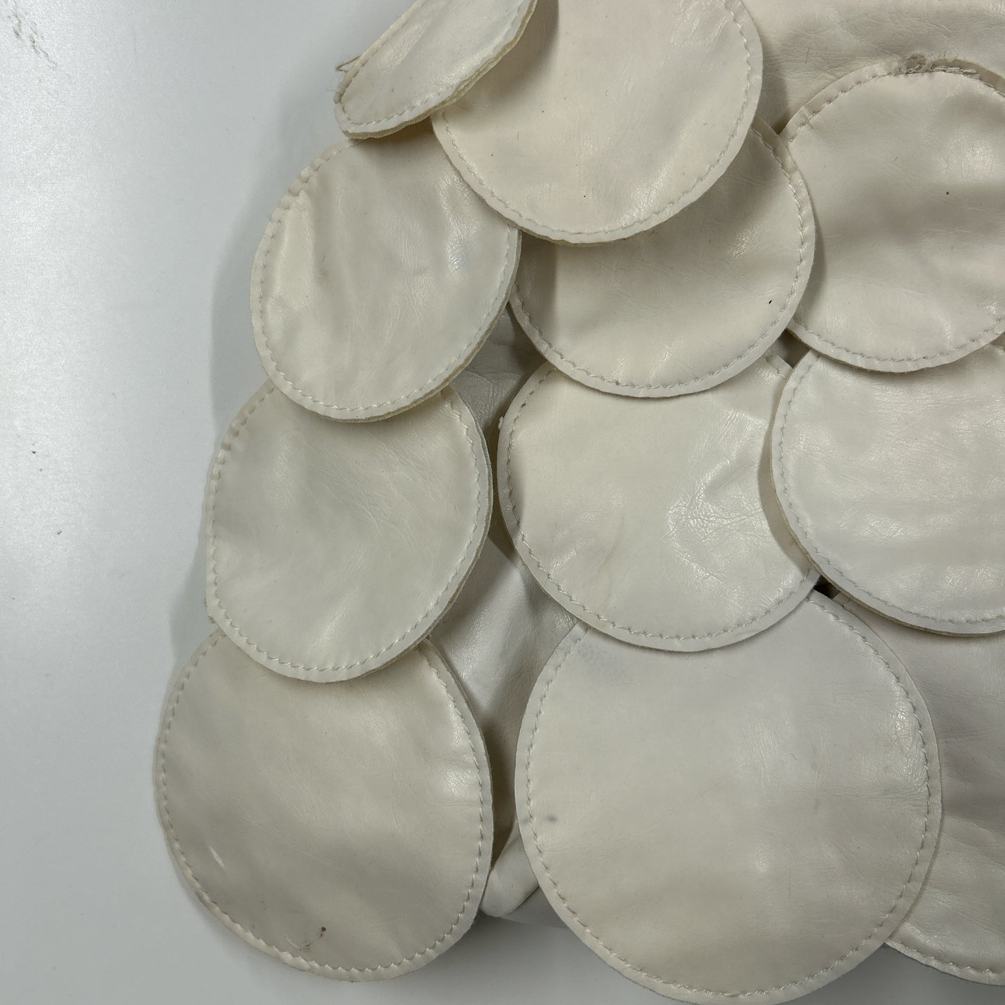 white faux leather disc beaded shoulder bag