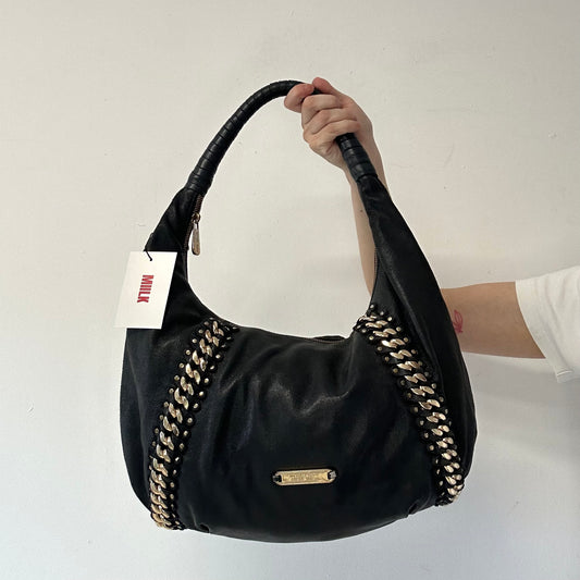 black genuine leather studded half crescent shoulder bag