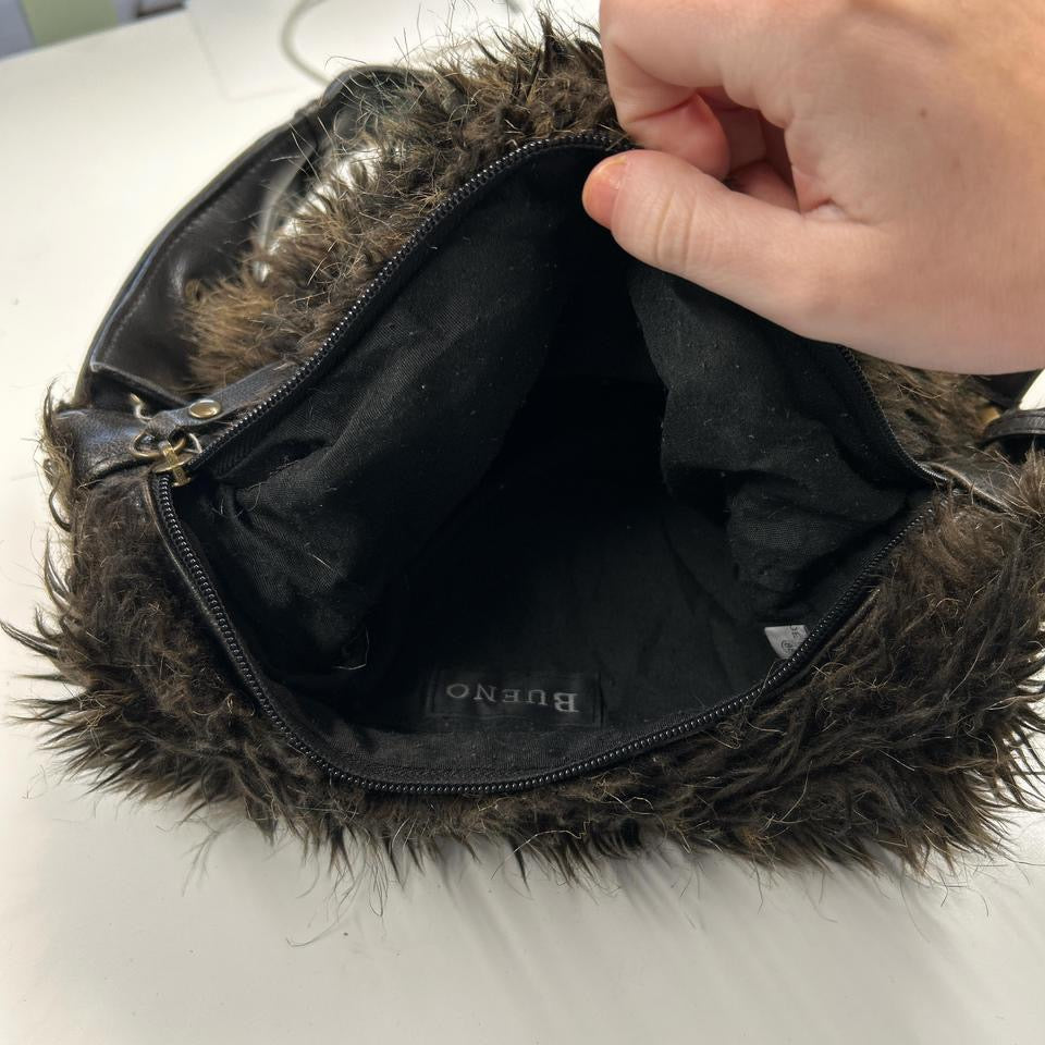 brown faux fur studded shoulder bag