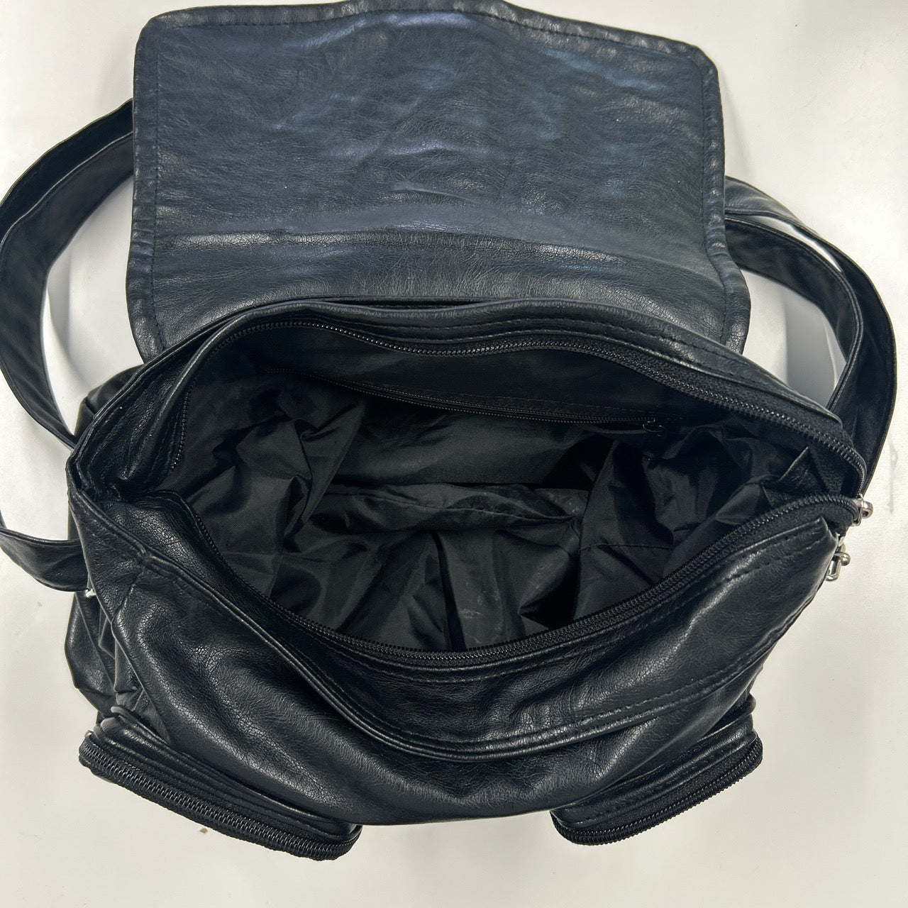 black faux leather double pocket shoulder bag
