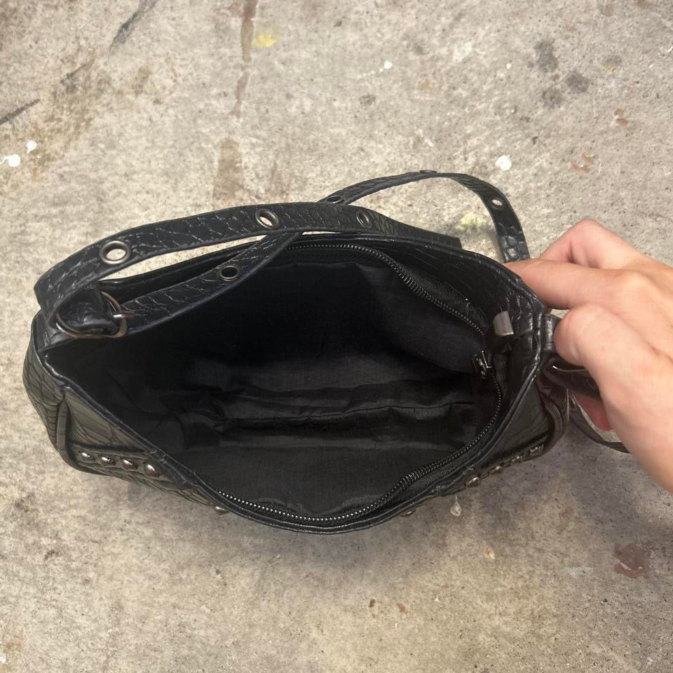 black studded faux leather croc effect shoulder bag