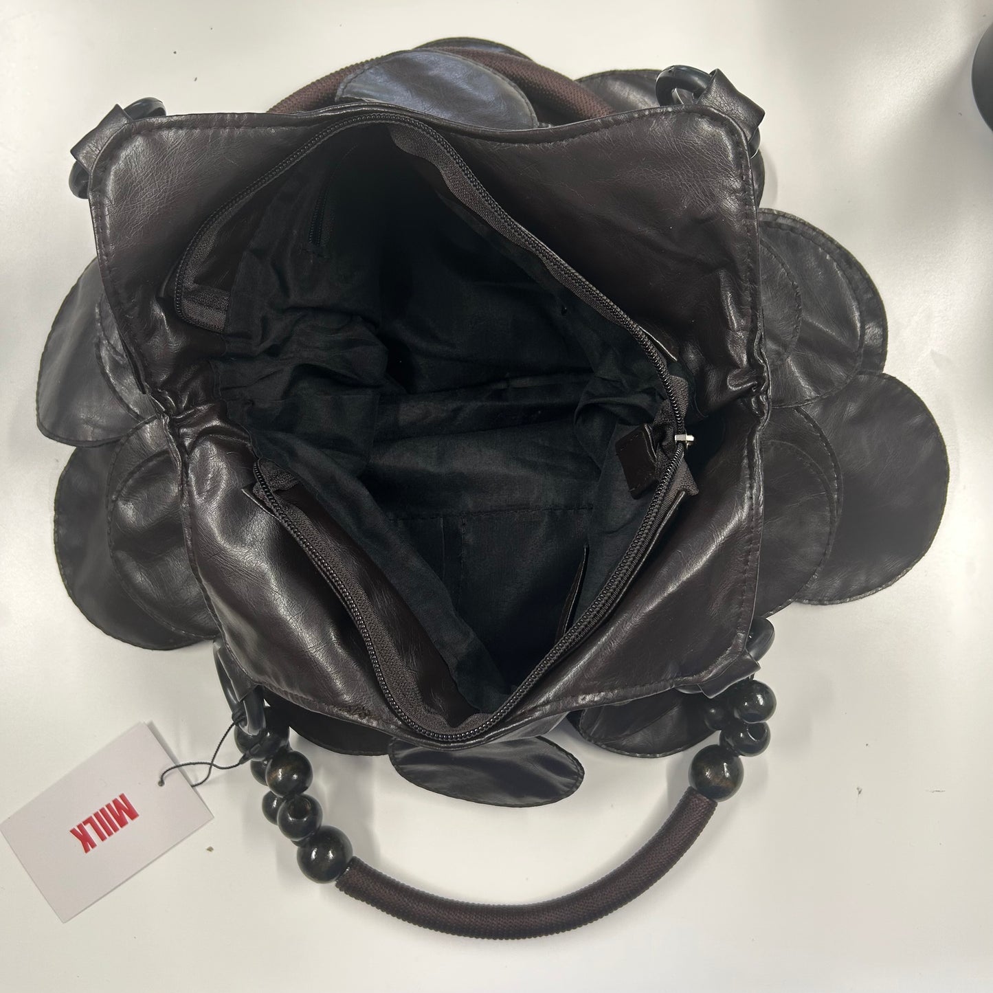 dark brown faux leather disc beaded shoulder bag