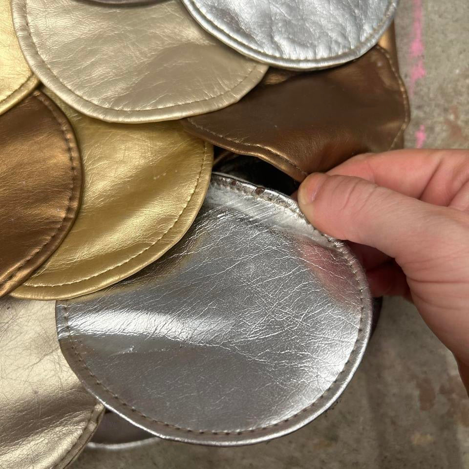 bronze silver gold faux leather disc beaded shoulder bag