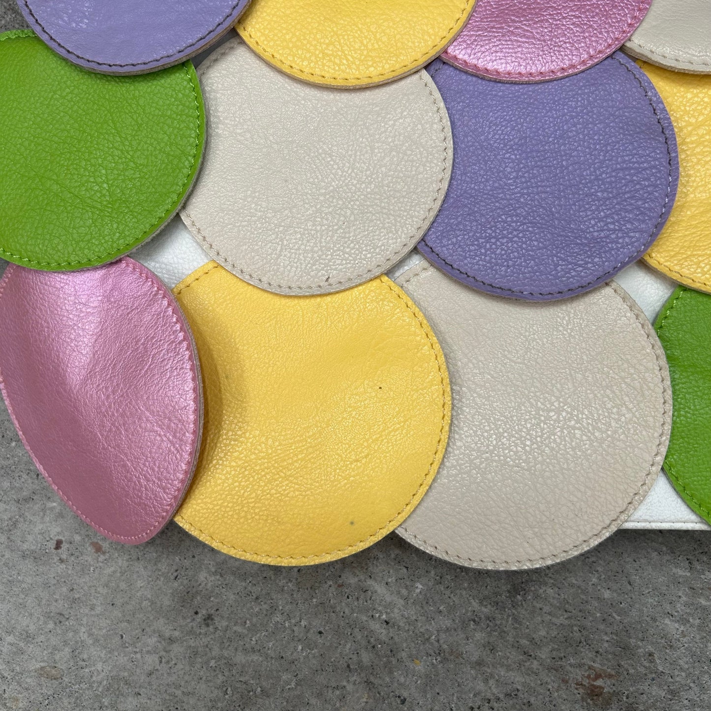 multicoloured faux leather disc beaded shoulder bag