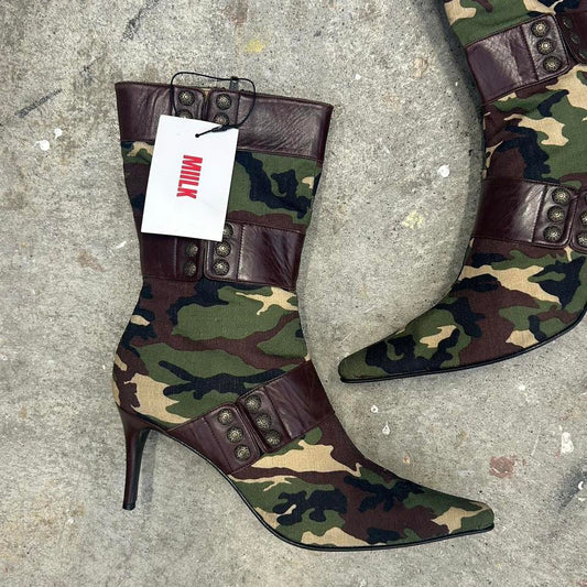 green camouflage studded heeled boots