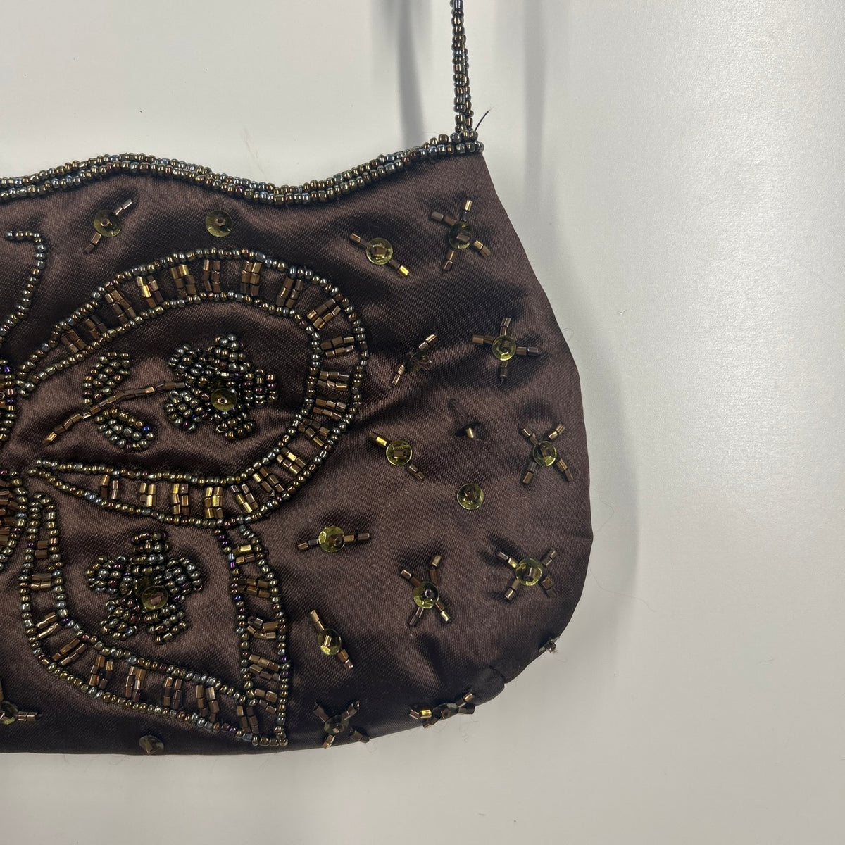 brown sequin butterfly wire handle shoulder bag