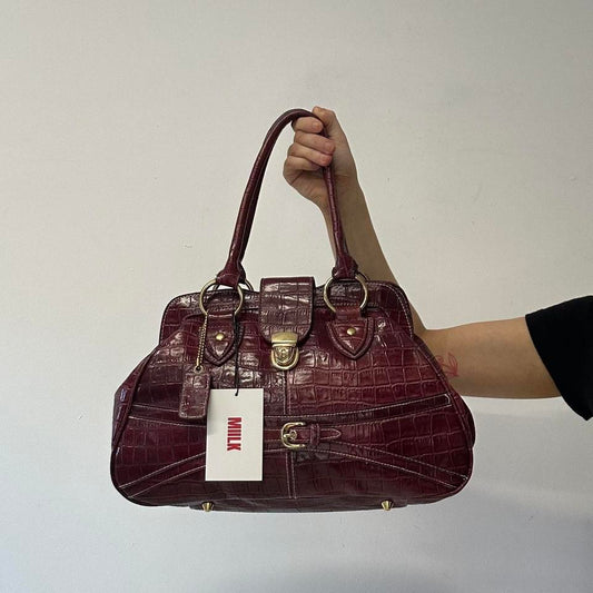 dark red faux leather croc effect buckle shoulder bag
