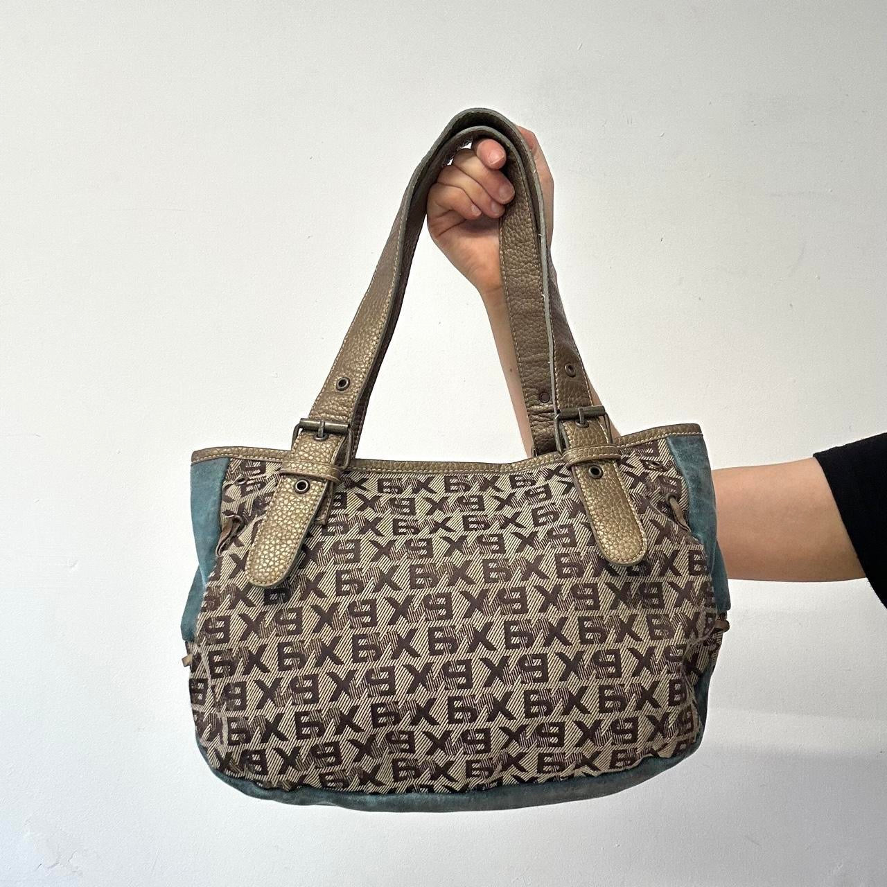 blue and letter monogram double pocket  faux leather shoulder bag