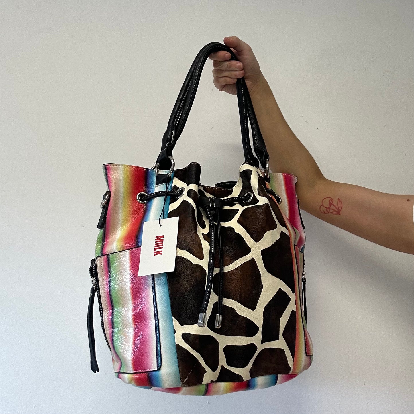 multicoloured faux leather giraffe print shoulder bag