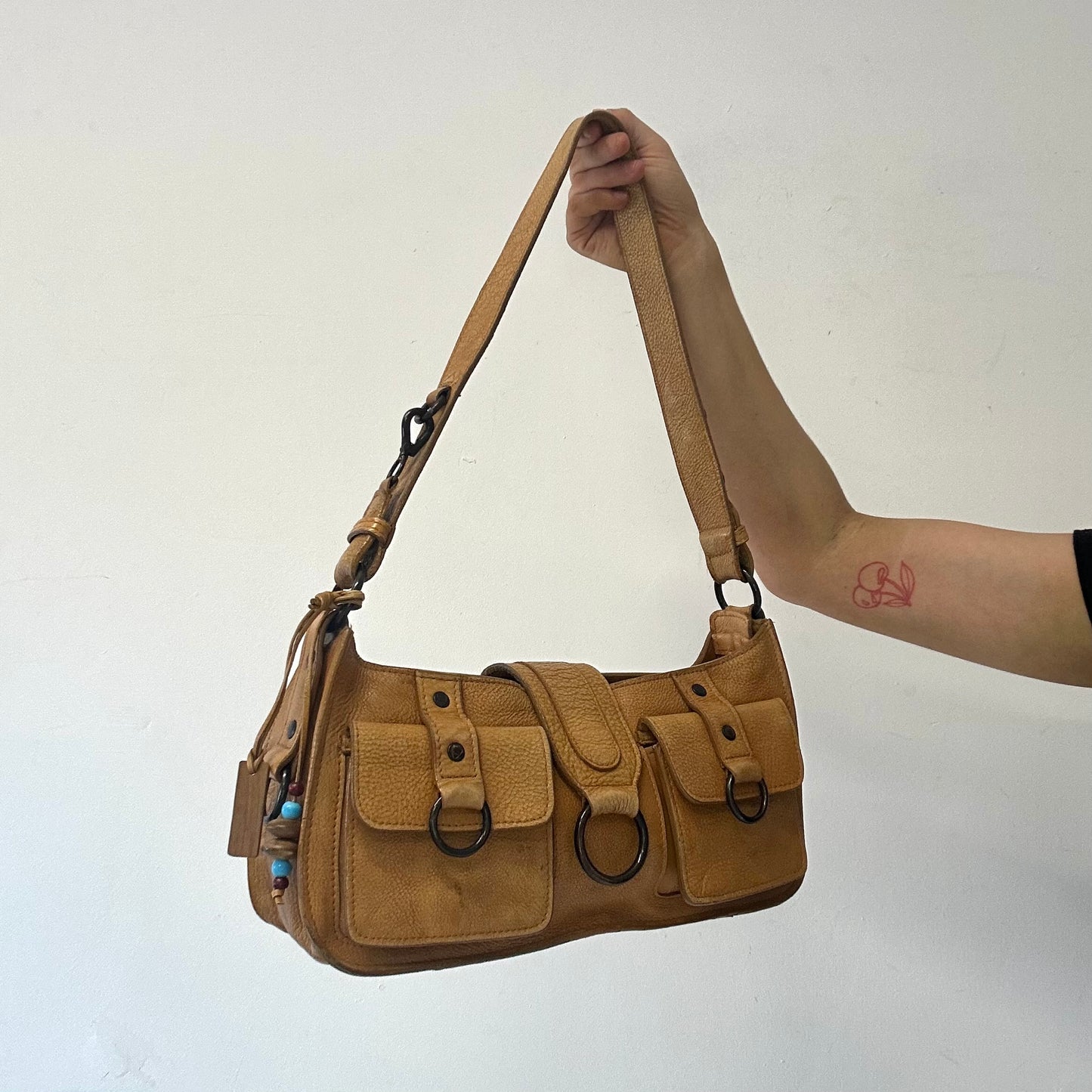 tanned genuine leather double pocket shoulder bag