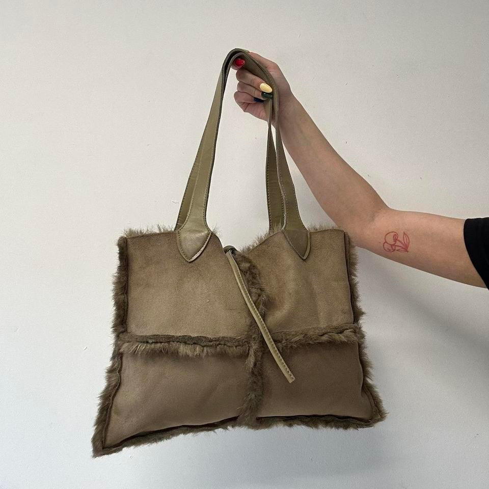 tanned faux fur shoulder bag