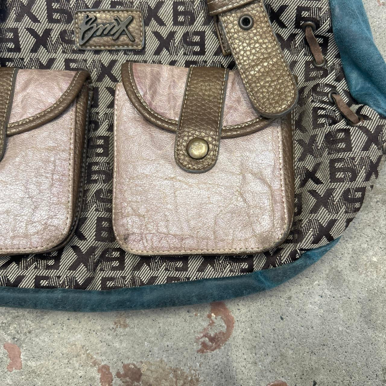 blue and letter monogram double pocket  faux leather shoulder bag