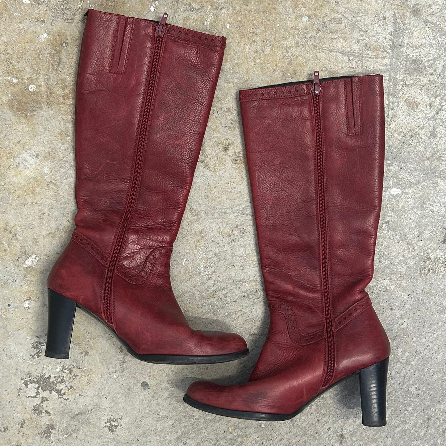 red genuine leather knee high heeled boots