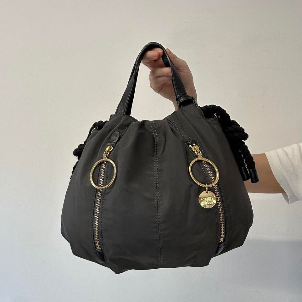 grey double zip drawstring hand bag