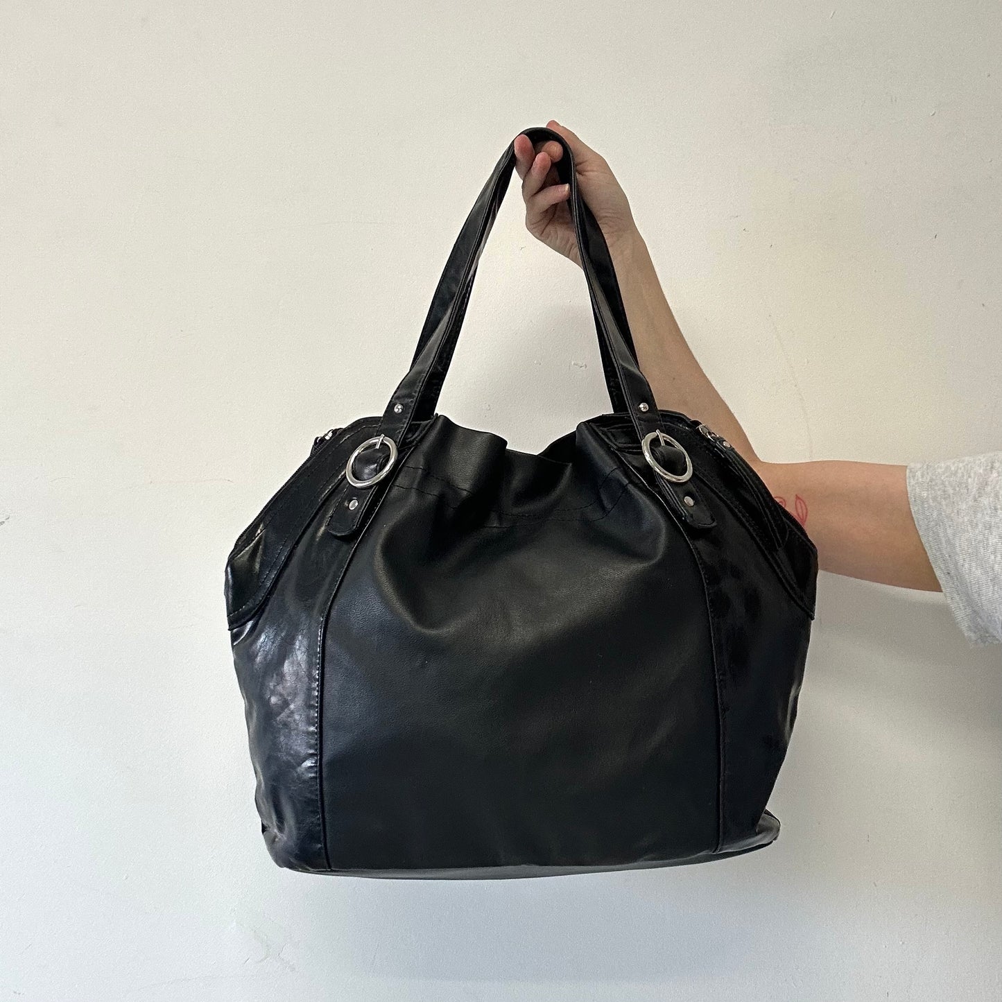 black double buckle faux leather shoulder bag