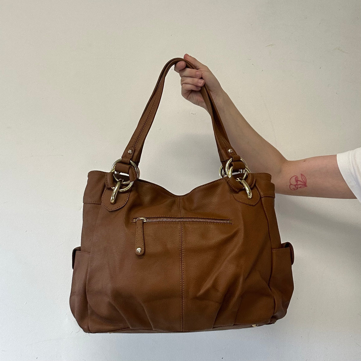 brown genuine leather double zip shoulder bag